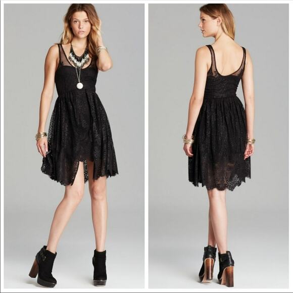 FREE PEOPLE Womens Boho Witchy Black Lace Overlay LBD Mini Dress Size 0 - Picture 7 of 9